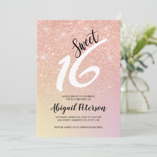 Elegant roos goud glitter ombre zestien kaart (Staand voorkant)