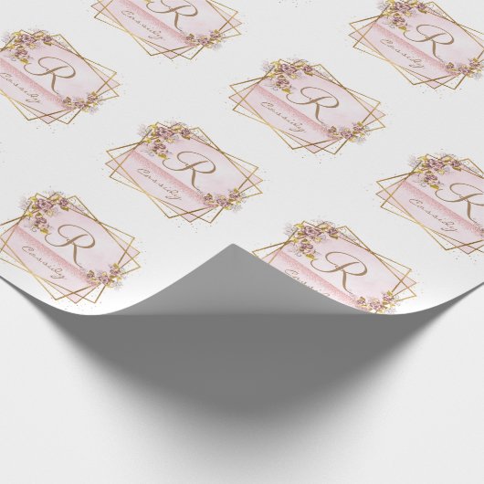 Elegant Roos Goud Glitter Roos Monogram Cadeaupapier (Hoek)