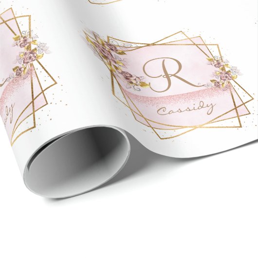 Elegant Roos Goud Glitter Roos Monogram Cadeaupapier (Rol Hoek)
