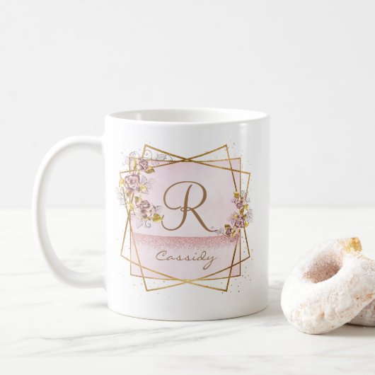 Elegant Roos Goud Glitter Roos Monogram Koffiemok (Met donut)