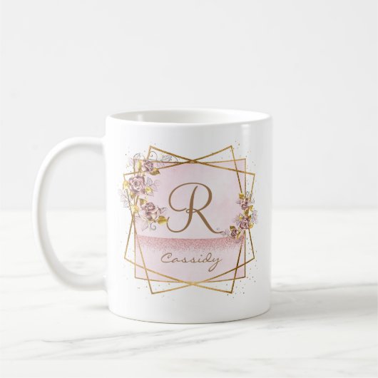 Elegant Roos Goud Glitter Roos Monogram Koffiemok (Links)