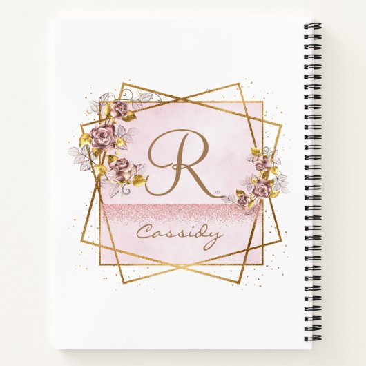 Elegant Roos Goud Glitter Roos Monogram Notitieboek (Achterkant)