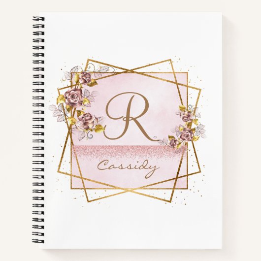 Elegant Roos Goud Glitter Roos Monogram Notitieboek (Voorkant)