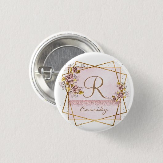 Elegant Roos Goud Glitter Roos Monogram Ronde Button 3,2 Cm (Voorkant /achterkant)