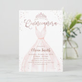 Elegant roos goud glitter roze jurk quinceañera i kaart (Staand voorkant)