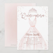 Elegant roos goud glitter roze jurk quinceañera i kaart (Voorkant / Achterkant)