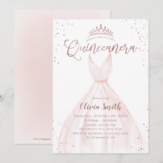 Elegant roos goud glitter roze jurk quinceañera i kaart (Voorkant / Achterkant)