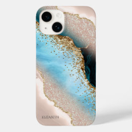Elegant Roos Goud Glitter Turquoise Marmer Case-Mate iPhone 14 Hoesje