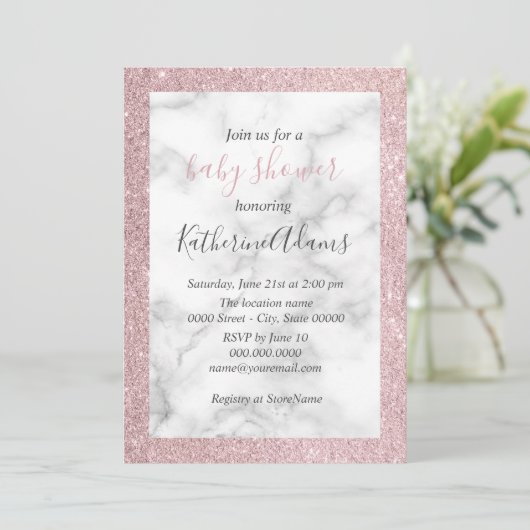 Elegant roos goud glitter wit marmer baby shower kaart (Staand voorkant)