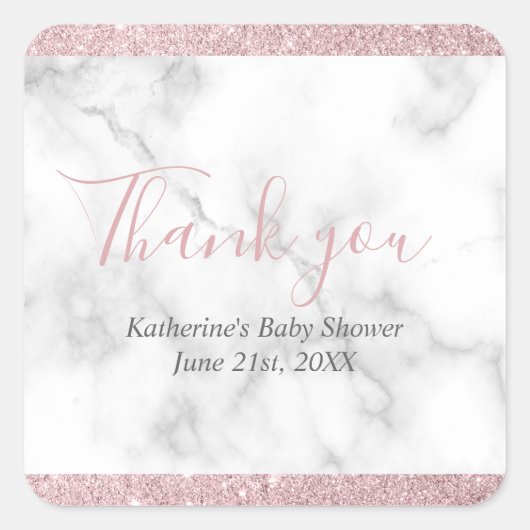 Elegant roos goud glitter wit marmer baby shower vierkante sticker (Voorkant)