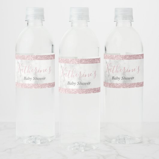 Elegant roos goud glitter wit marmer baby shower waterfles etiket (Flessen)