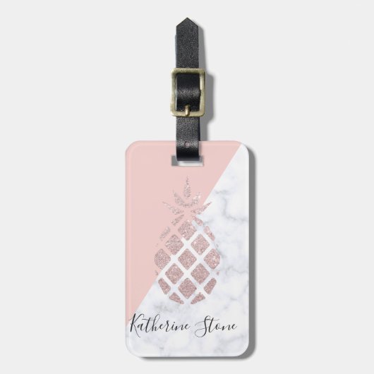 Elegant roos goud glitter witte marmer bagagelabel (Voorkant verticaal)
