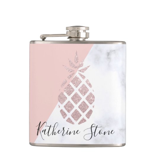 Elegant roos goud glitter witte marmer heupfles (Voorkant)