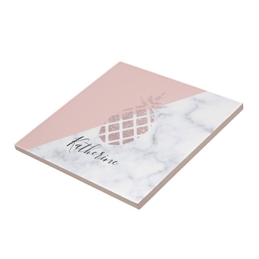 Elegant roos goud glitter witte marmer tegeltje (Zijkant)