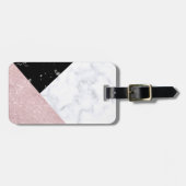 Elegant roos goud glitter witte zwarte marmer bagagelabel (Voorkant horizontaal)