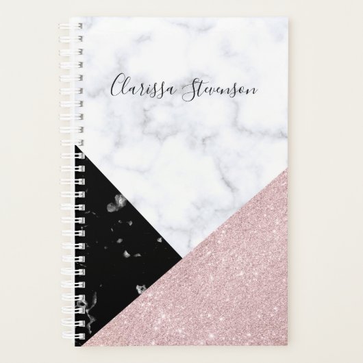 Elegant roos goud glitter witte zwarte marmer planner (Voorkant)