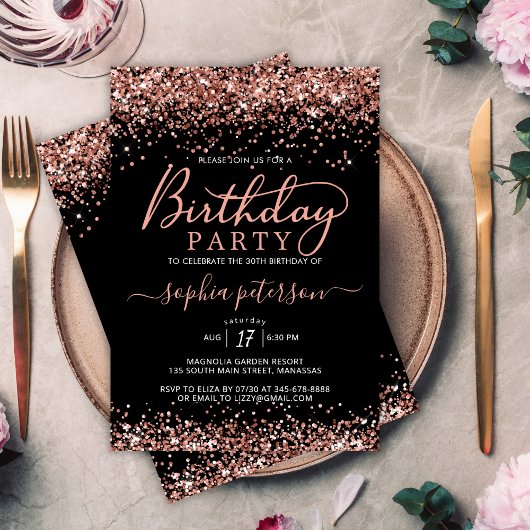 Elegant Roos Goud Glitter Zwart Any Age Verjaardag Kaart