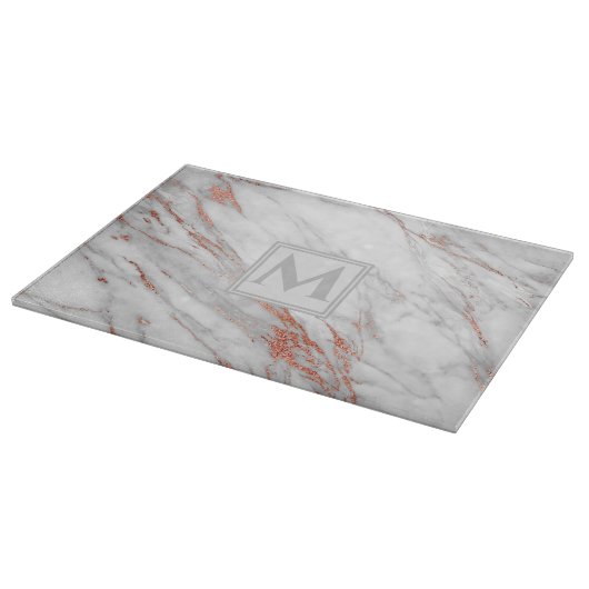 elegant roos goud koper witte marmer Monogram Snijplank (Hoek)