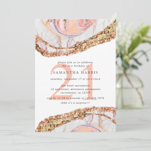Elegant Roos Goud Marmer 21ste Verjaardagsfeest Kaart (Staand voorkant)