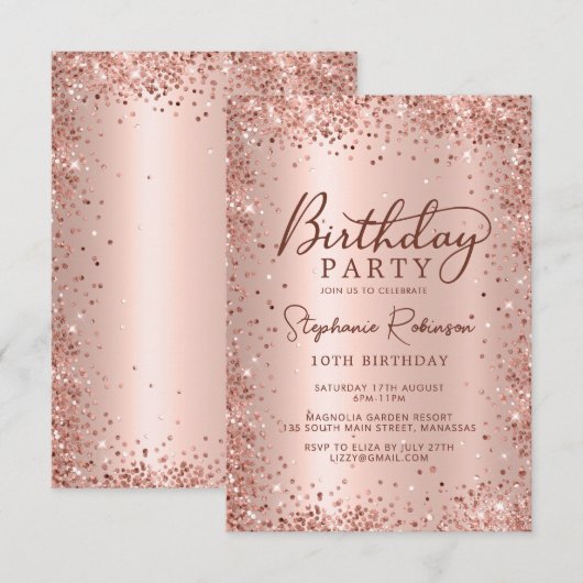 Elegant Roos Goud Metallic Glitter 10e Verjaardag Kaart (Voorkant / Achterkant)