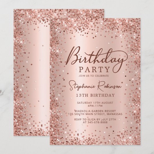 Elegant Roos Goud Metallic Glitter 13e Verjaardag Kaart (Voorkant / Achterkant)