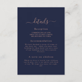 Elegant Roos Goud Navy Blauw Bruiloft Detail Kaart