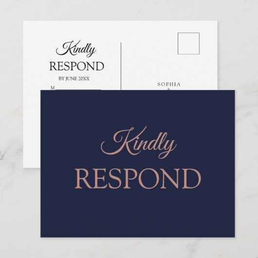 Elegant Roos Goud Navy Blauw Bruiloft RSVP Briefkaart (Voorkant / Achterkant)