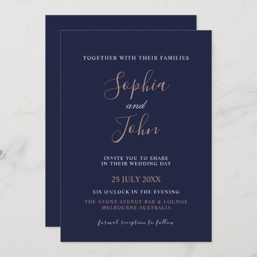 Elegant Roos Goud Navy Blue bruiloft uitnodiging (Voorkant / Achterkant)