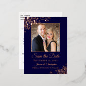 Elegant Roos Goud op Navy Foto Save the Date Folie Uitnodiging Briefkaart (Voorkant / Achterkant)