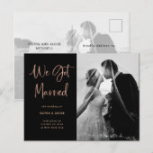 Elegant Roos goud op zwart | Fotobruiloft Aankondigingskaart (Voorkant / Achterkant)