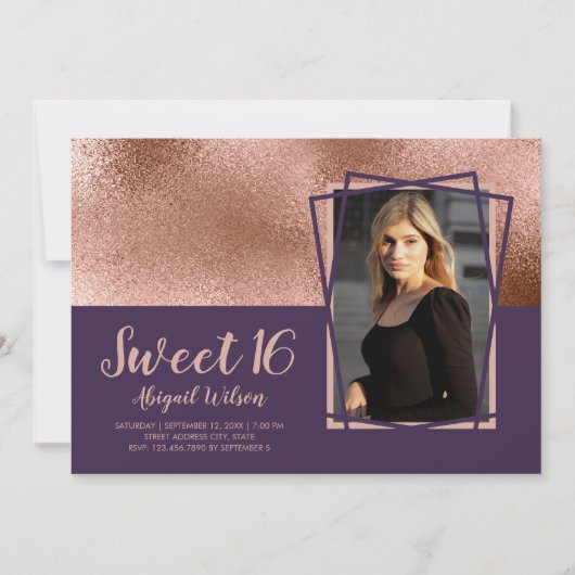Elegant roos goud paars zoet zestien jaar kaart (Voorkant)