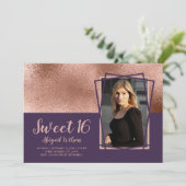 Elegant roos goud paars zoet zestien jaar kaart (Staand voorkant)