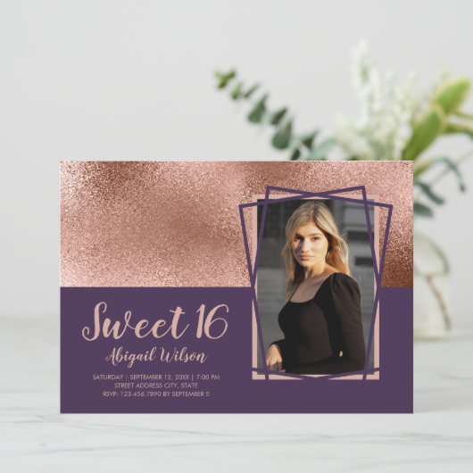 Elegant roos goud paars zoet zestien jaar kaart (Staand voorkant)