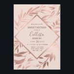 Elegant Roos Goud Roze Bloembladeren Sweet 16 Kaart<br><div class="desc">Deze Sweet 16 is samengesteld uit sierlijke, en chique faux geprinte rozen gouden folie handgetekende bloembladeren op een eenvoudige blush roze achtergrond. Het is het perfecte ontwerp voor het mooie en moderne verjaardagsmeisje. Complimenteer uw evenement met klasse en stijl met deze botanische uitnodigingen. Als u de kleur van de tekst...</div>