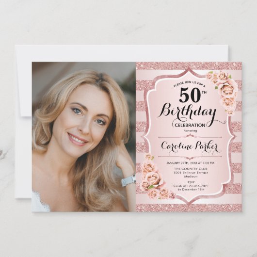 Elegant Roos Goud Roze Foto 50e Verjaardag Kaart (Voorkant)