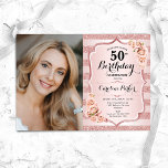 Elegant Roos Goud Roze Foto 50e Verjaardag Kaart<br><div class="desc">Elegante bloemenvrouwelijke 50e verjaardagsuitnodiging met uw foto. Glam blush roze ontwerp met faux glitter roos goud. Met strepen, rode rozen, script lettertype en confetti. Perfect voor een stijlvol volwassen feestje. Personaliseer met je eigen gegevens. Kan voor om het even welke leeftijd worden aangepast! Gedrukte Zazzle-uitnodigingen of direct download digitale afdrukbare...</div>