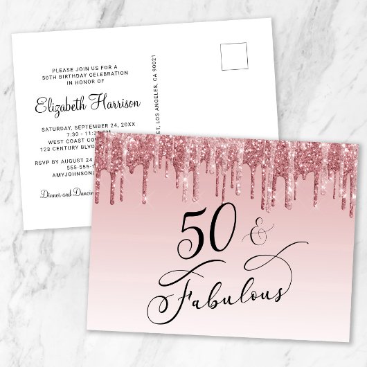 Elegant Roos Goud Roze Glitter 50ste Verjaardagsfe Uitnodiging Briefkaart