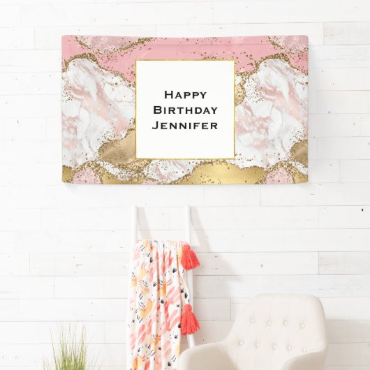 Elegant Roos Goud Roze Marmer Abstract Verjaardag Spandoek (Insitu)