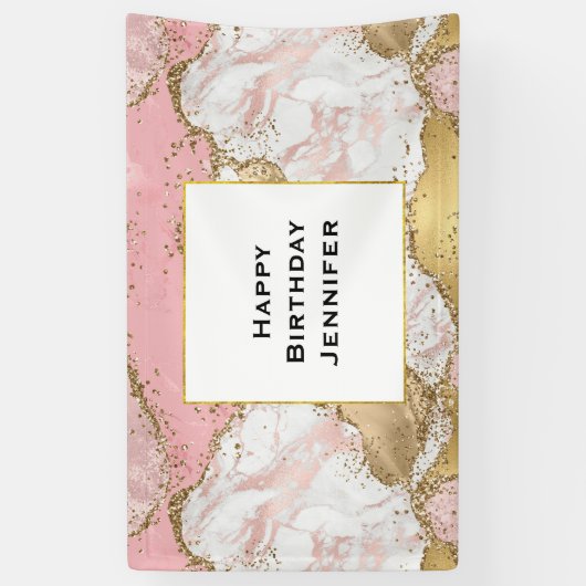 Elegant Roos Goud Roze Marmer Abstract Verjaardag Spandoek (Verticaal)