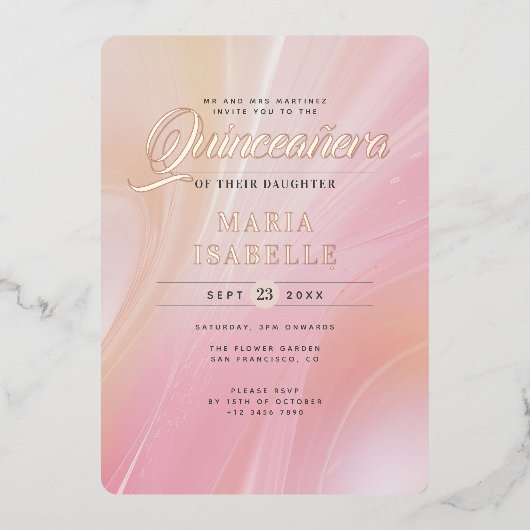 Elegant Roos Goud Roze Marmer Quinceañera Party Folie Uitnodiging (Voorkant)