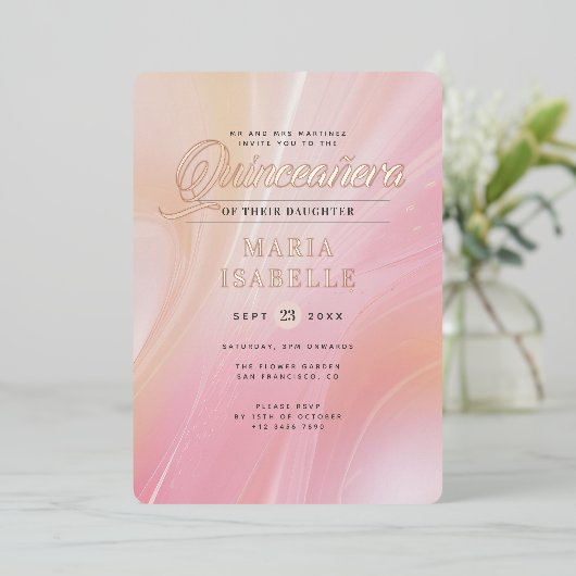 Elegant Roos Goud Roze Marmer Quinceañera Party Folie Uitnodiging (Staand Voorkant)