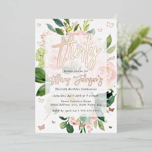 Elegant Roos Goud Roze Perzik Bloom 30th Folie Uitnodiging (Staand Voorkant)