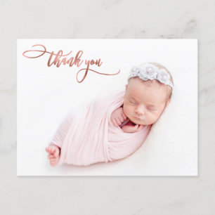 Elegant Roos Goud Script Nieuwe Baby Foto Dank u Briefkaart