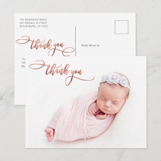 Elegant Roos Goud Script Nieuwe Baby Foto Dank u Briefkaart (Voorkant / Achterkant)