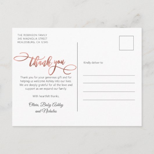 Elegant Roos Goud Script Nieuwe Baby Foto Dank u Briefkaart (Achterkant)