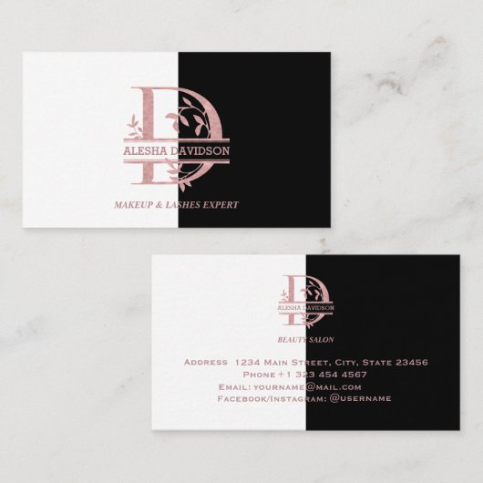 Elegant Roos Goud Split Custom Monogram Letter D Visitekaartje (Voorkant / Achterkant)