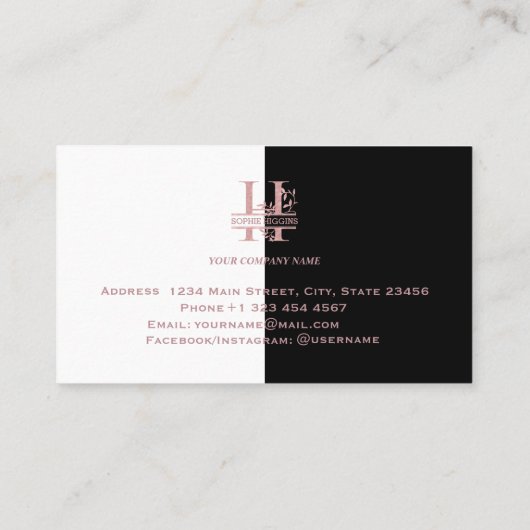 Elegant Roos Goud Split Custom Monogram Letter H Visitekaartje (Achterkant)