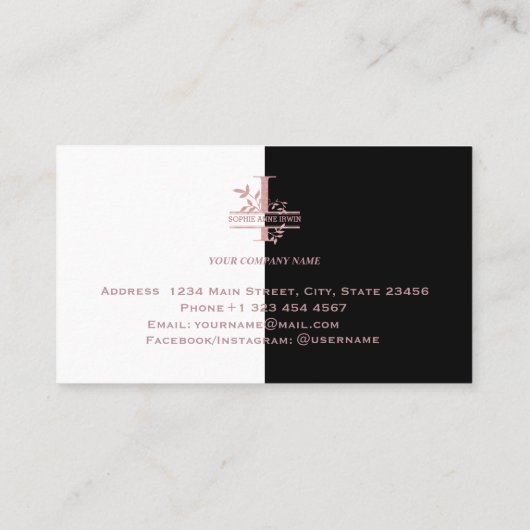 Elegant Roos Goud Split Custom Monogram Letter I Visitekaartje (Achterkant)