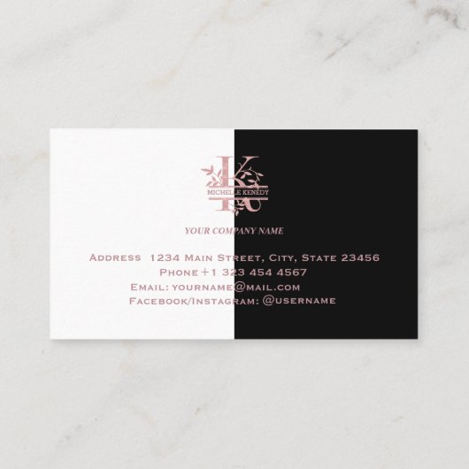 Elegant Roos Goud Split Custom Monogram Letter K Visitekaartje (Achterkant)