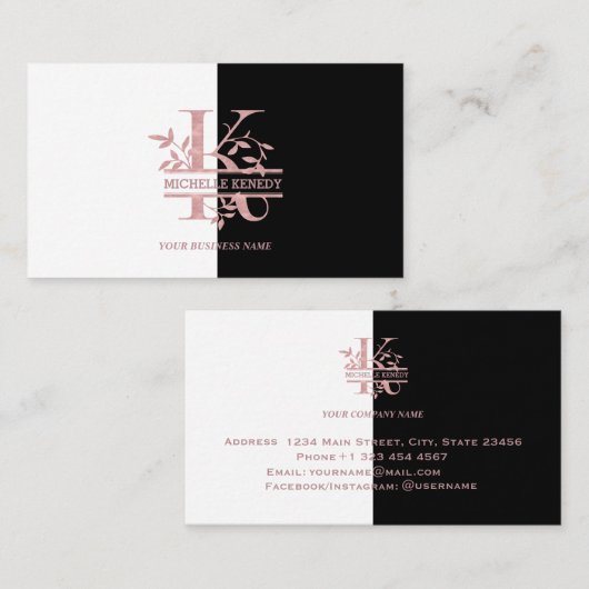 Elegant Roos Goud Split Custom Monogram Letter K Visitekaartje (Voorkant / Achterkant)